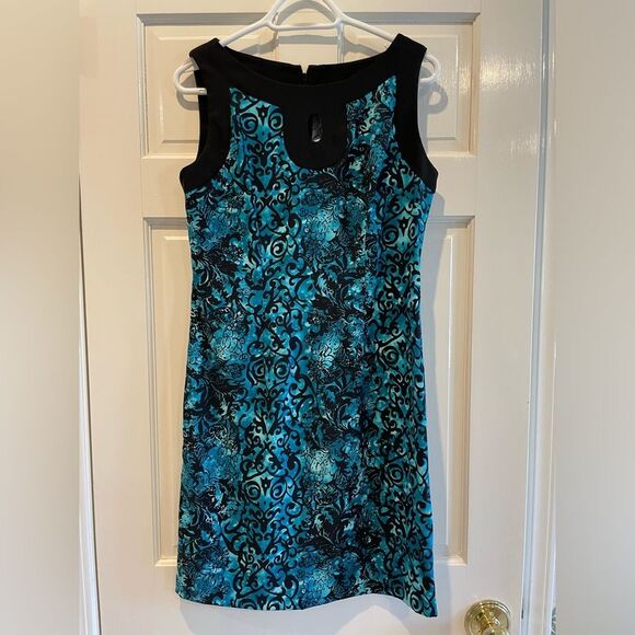 Connected Apparel Sleeveless Floral Bodycon Midi Dress Black & Turquoise Size 10 - Picture 2 of 9